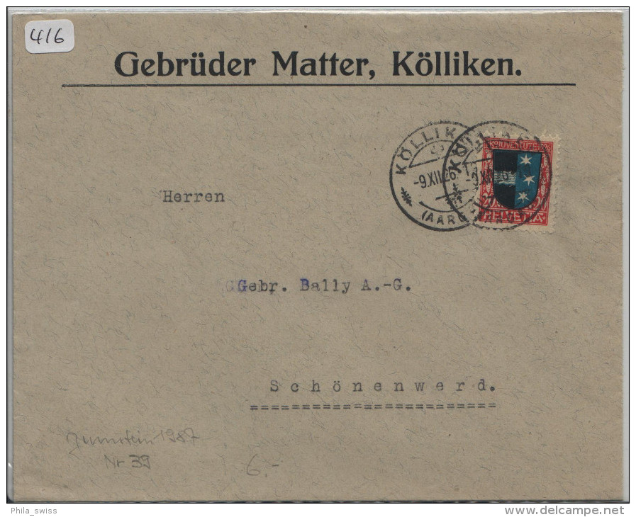 Pro Juventute 1926 J39 Aargau - Von Kölliken Nach Schönenwerd (Bally AG) - Lettres & Documents