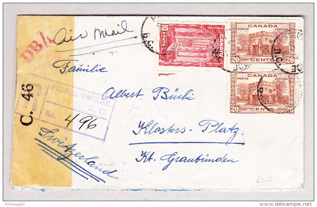 Kanada 17.10.1942 Prince George Zensur R-Brief Nach Klosters-Platz GR Rückseite Transit Und AK-Stempel - Lettres & Documents