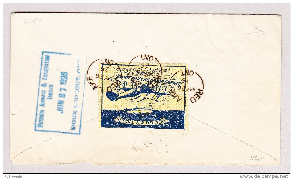 Kanada 26.5.1926 Rolling Portage (Zugst.) Luftpost Brief Nach Montreal Via Red Lake Rückseite Flug Vignette - Briefe U. Dokumente