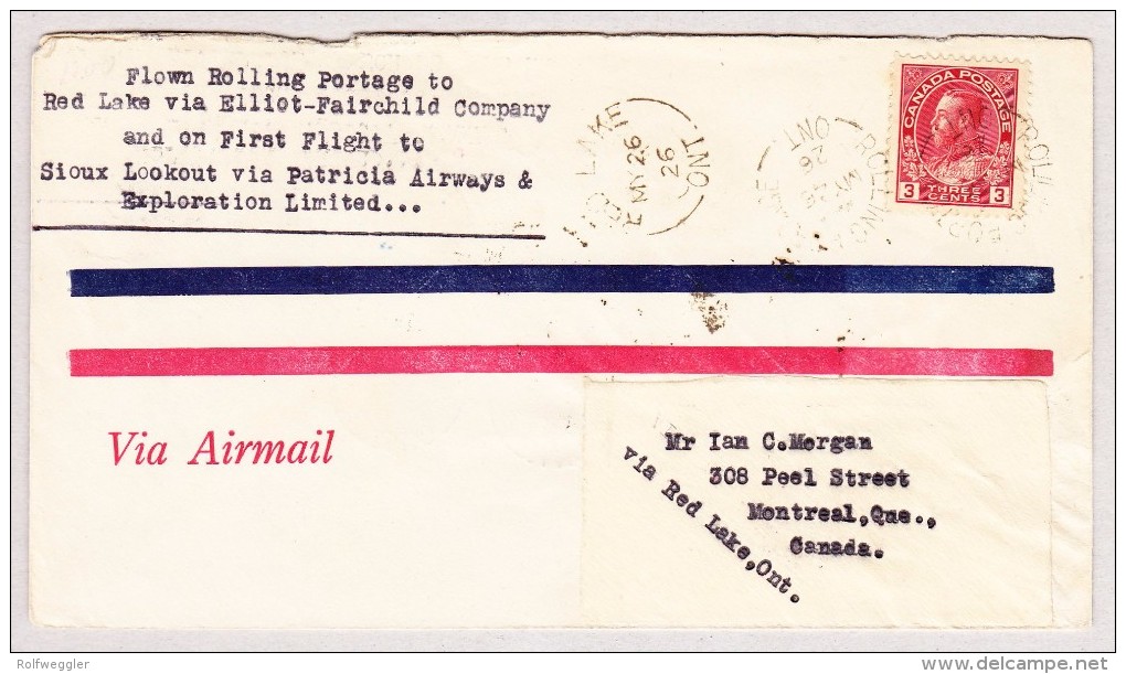 Kanada 26.5.1926 Rolling Portage (Zugst.) Luftpost Brief Nach Montreal Via Red Lake Rückseite Flug Vignette - Lettres & Documents