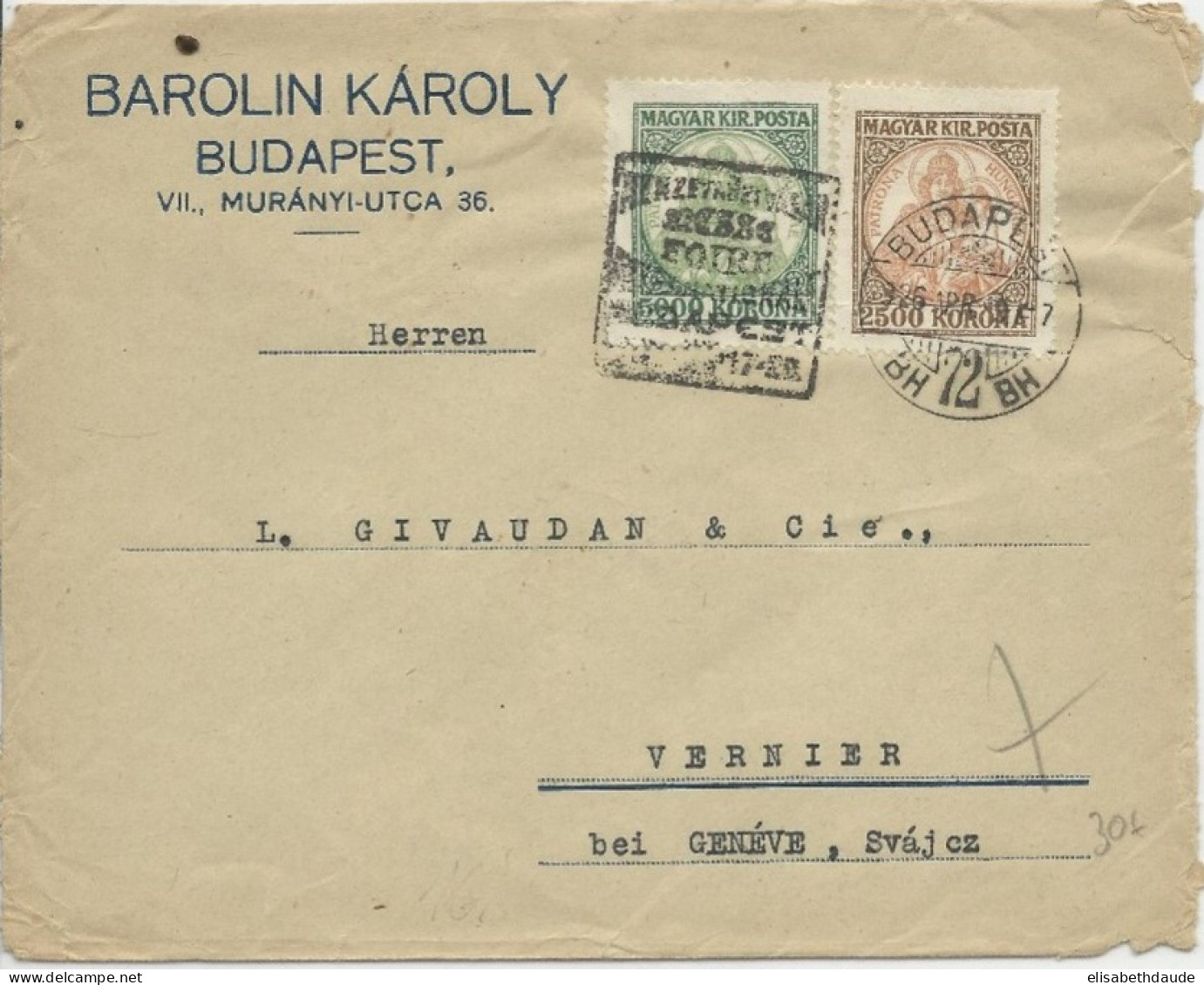 1926 - HONGRIE - ENVELOPPE Avec RARE MECA PSEUDO DAGUIN Pour La FOIRE De BUDAPEST Pour VERNIER (SUISSE) - Postmark Collection