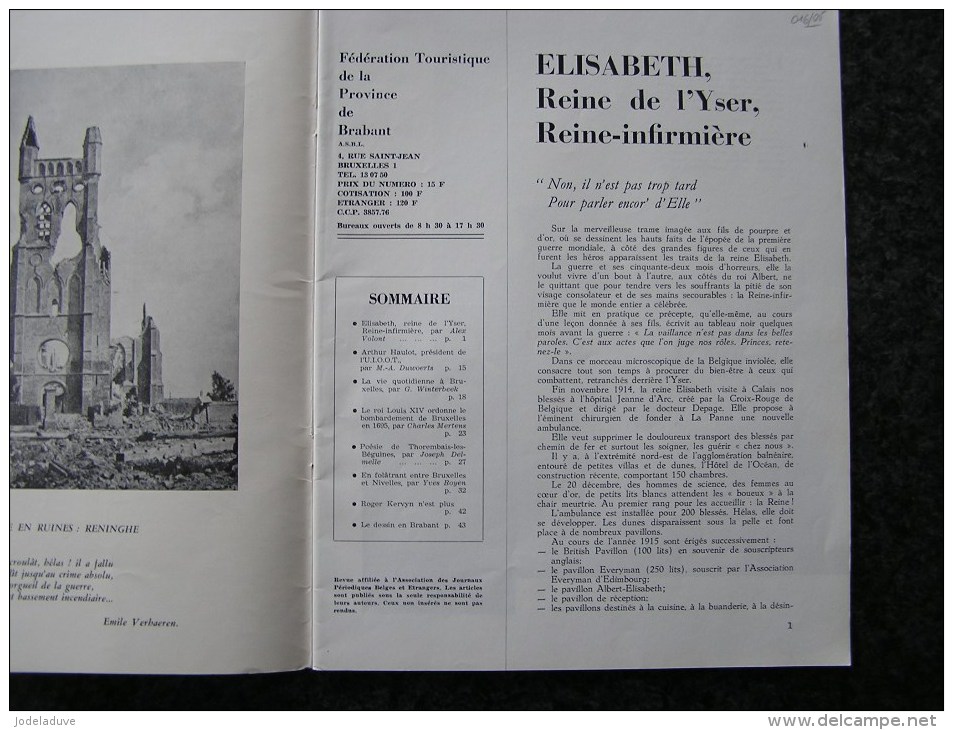 BRABANT Revue N° 1 1966 Régionalisme Bruxelles Reine Elisabeth Infirmière Guerre 14 18 Yser Louis XIV Thorembais - Belgique