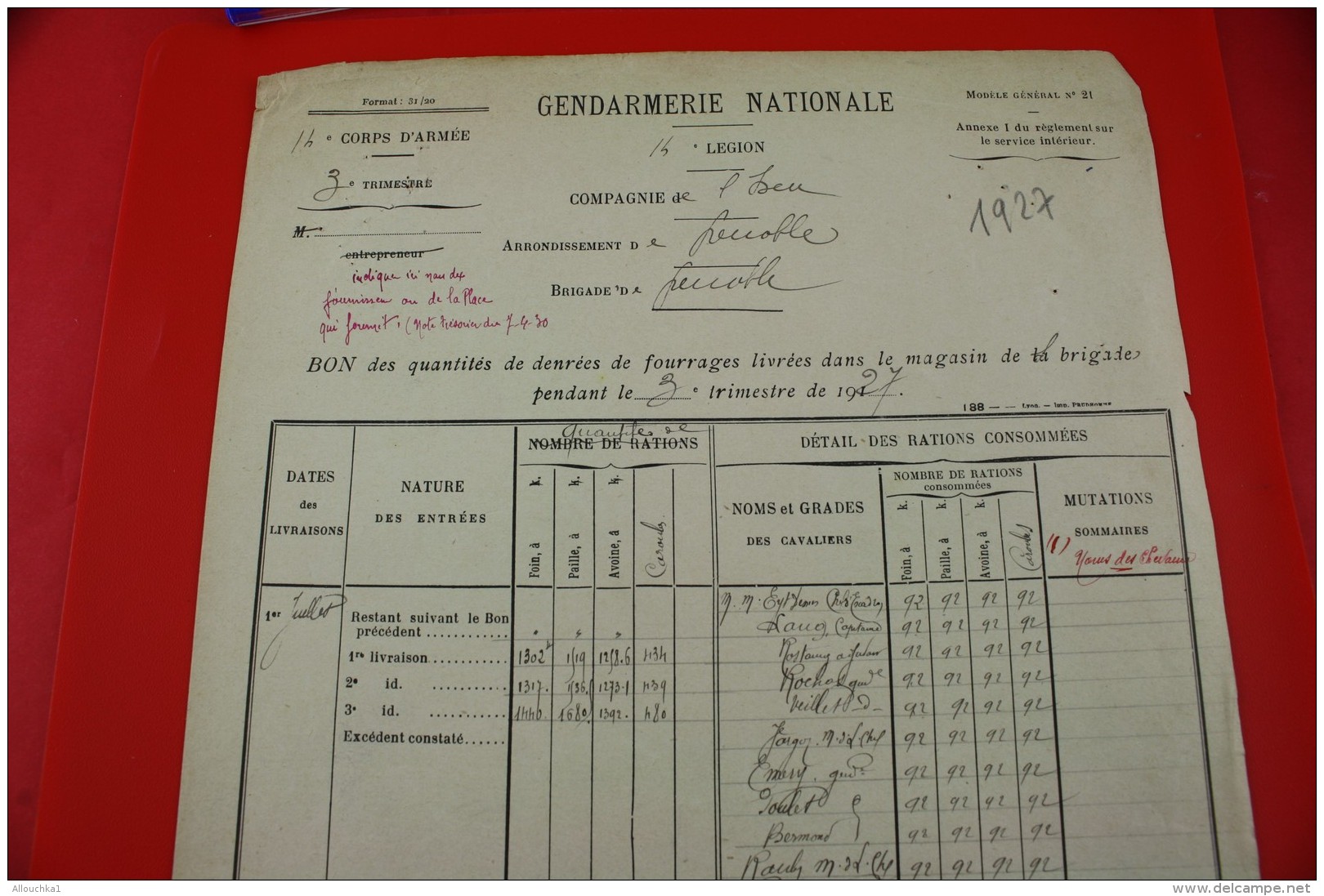 FOURRAGE CHEVAUX 1927 DOCUMENT Militaire Mchal Logis Chef Rossignol&gt;14e Légion Gendarmerie Cie Drôme  GRENOBLE ISERE - Documents