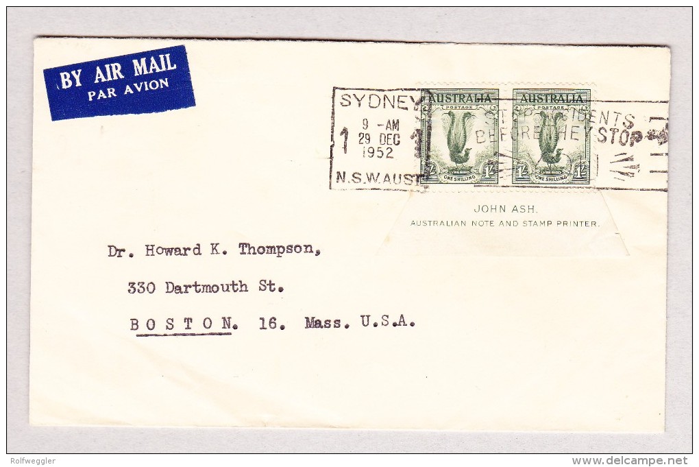 Australien NSW 29.12.1952 Sydney Luftpost Brief Nach Boston GB - Lettres & Documents