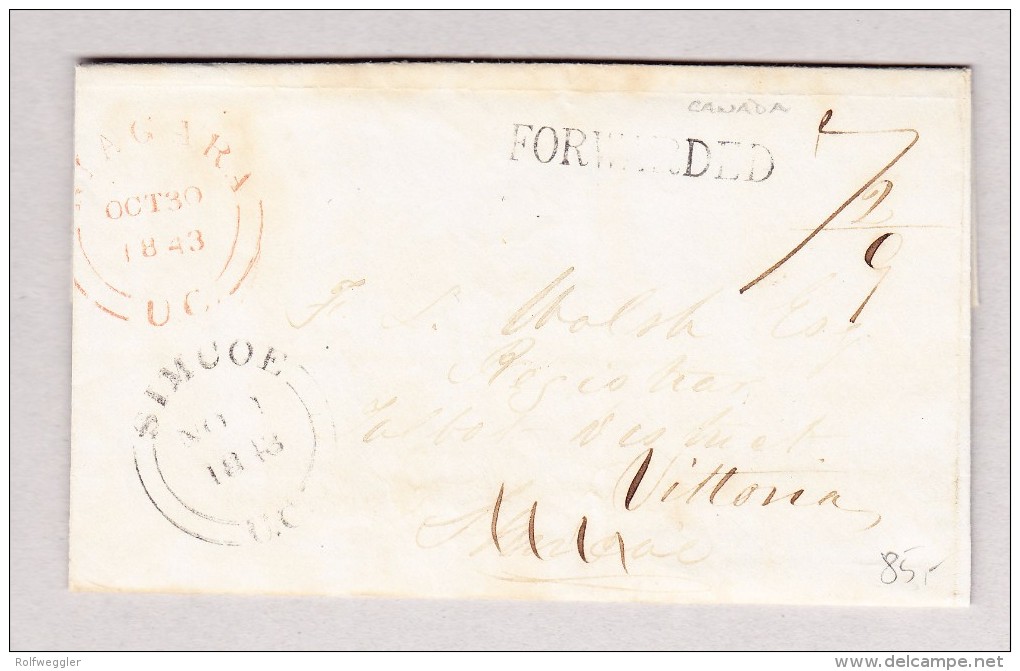 Kanada 30.10.1843 Niagara Rot Vorphila Brief Nach Simcoe Weitergeleitet  (Forwarded Langstempel) Nach Vittoria - ...-1851 Prephilately