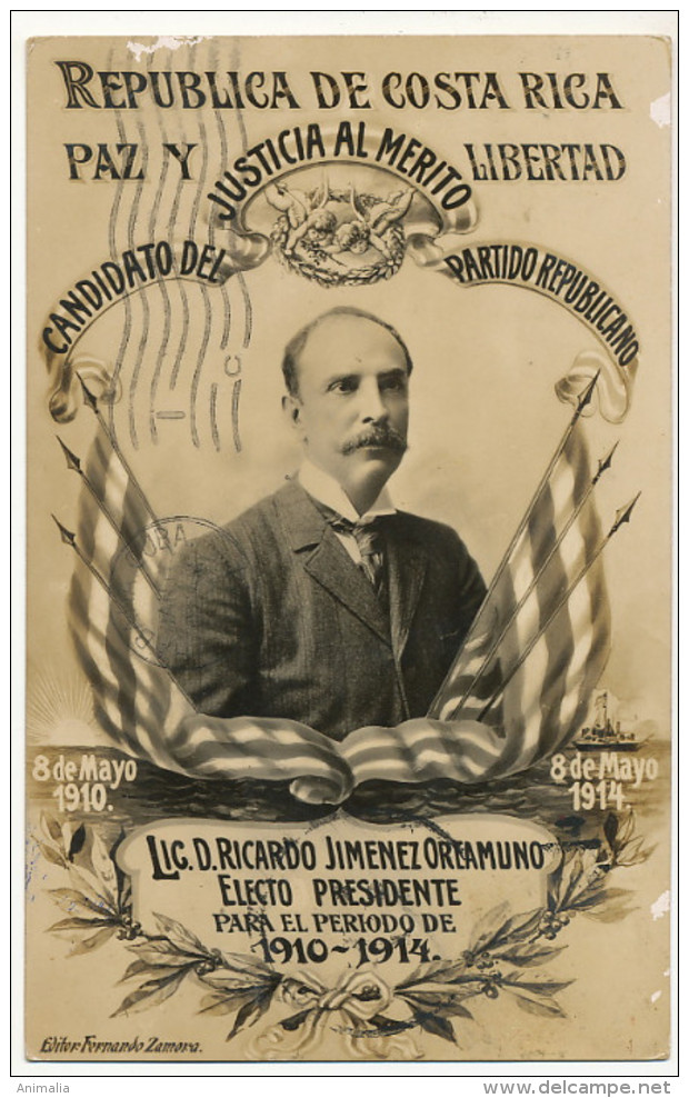 Lic. D. Ricardo Jimenez Oreamundo Presidente 1910-1914 Paz Libertad Edit Zamora Used To Cardenas Cuba Deltiology - Costa Rica