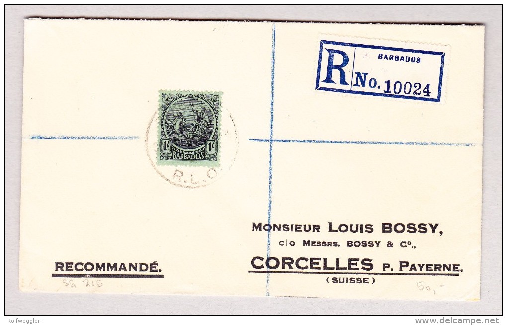 Barbados 14.7.1924 R-Brief Nach Corcelles P. Payerne Via London - Barbades (...-1966)