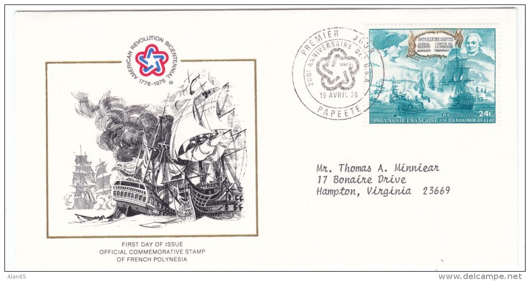 French Polynesia Sc#C128 US Bicentennial Battle Des Saintes 24Fr. 15 April 1976 Issue FDC Day Of Issue Cover - Briefe U. Dokumente