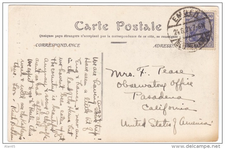 Germany Sc#128 80pf Germania Issue On Postcard Cover Sent To Mount Wilson Observatory Office August 1921 - Covers & Documents