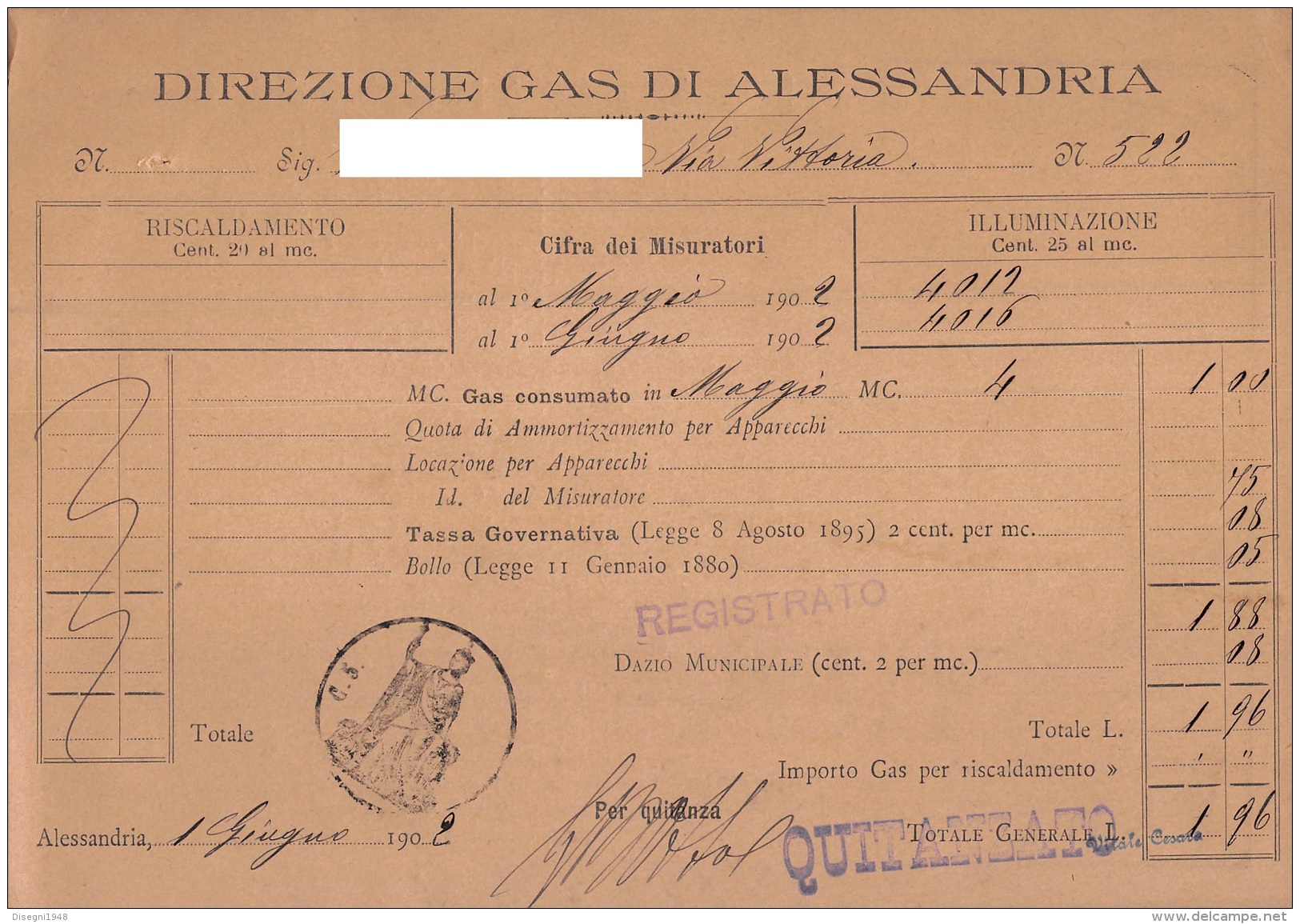 05756 "ALESSANDRIA - DIREZIONE GAS DI  ALESSANDRIA - RICEVUTA 1° GIUGNO 1902" DOCUM. ORIG. - Italia