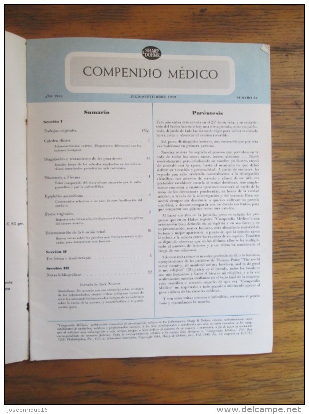 REVISTA COMPENDIO MEDICO SHARP & DOHME Nº 53 - 1949 - [4] Tematica