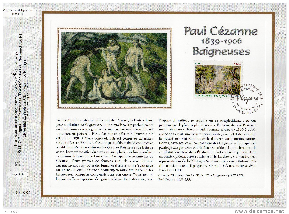 &#128286; " BAIGNEUSES De PAUL CEZANNE " Sur Feuillet CEF 1° Jour En SOIE De 2006.  N° YT 3894. Parfait état. FDC - Nudi