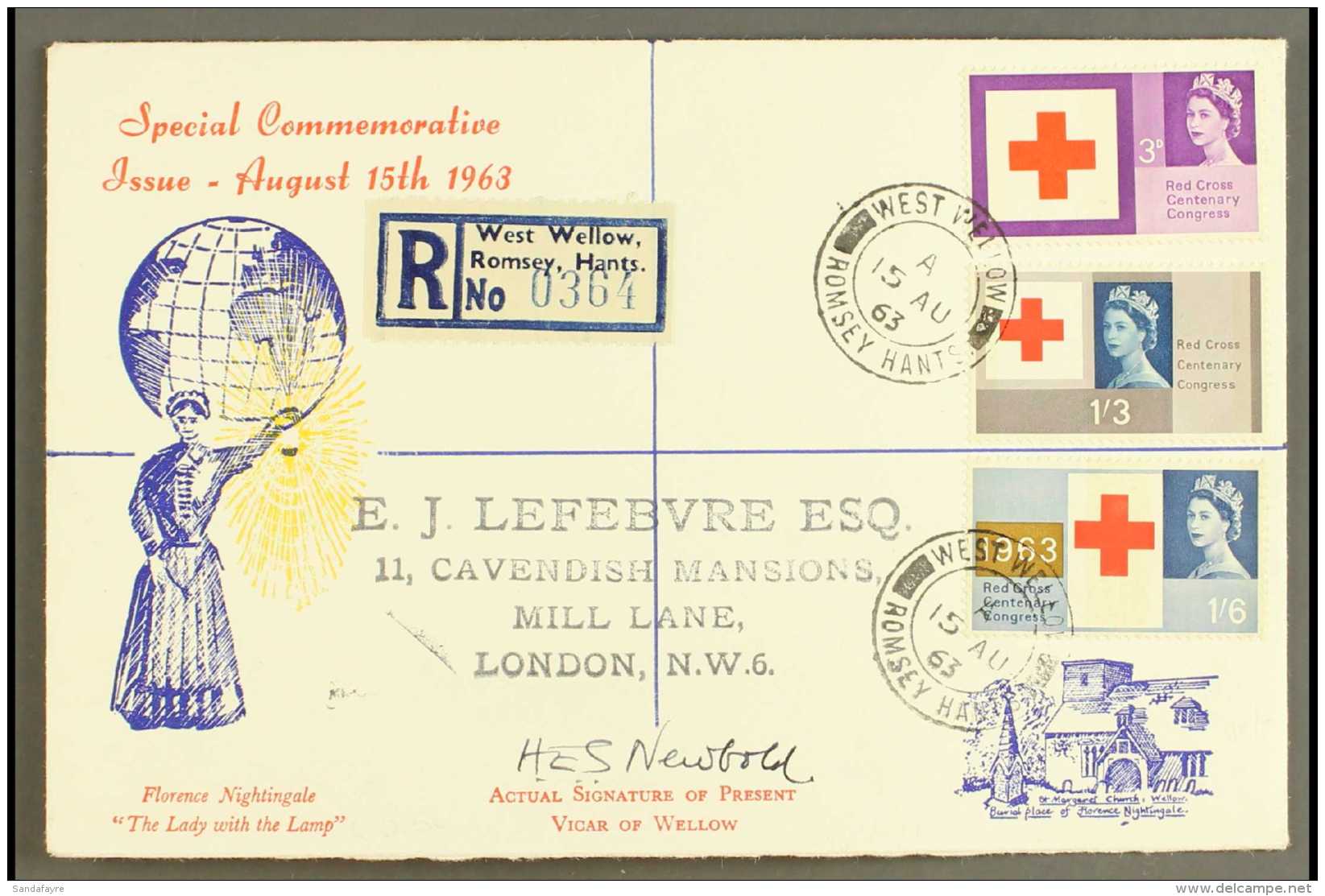 1963 Red Cross Phosphor Set On Florence Nightingale Illustrated FDC, WEST WELLOW Cds And Signed By The Vicar Of... - FDC