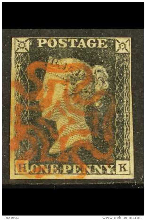 1840 1d Black, SG 2, "H-K" Check Letters, Fine Used With 4 Small To Good Margins &amp; Superb Upright Red MC... - Non Classés