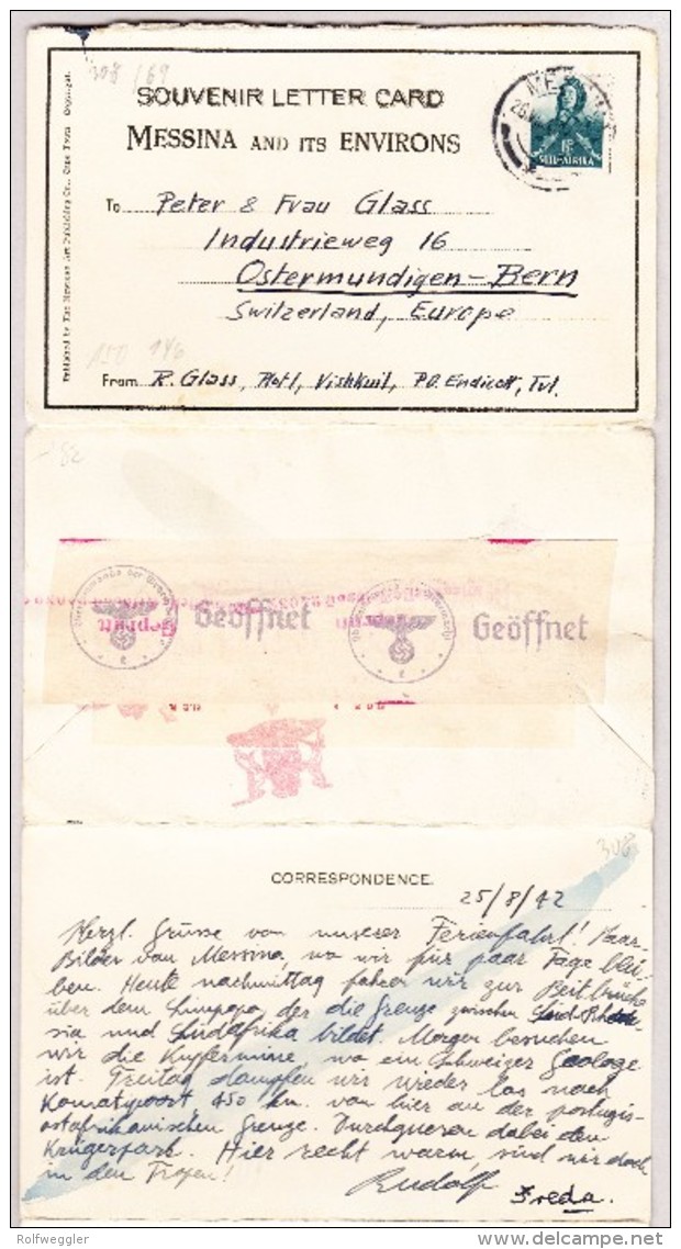 Suid-Afrika 1 1/2 Auf 26.8.1942 Messina 5 Karten Set Mehrfach Zensuriert Ges. Nach Bern - 1 Bild Kupfermine - Covers & Documents