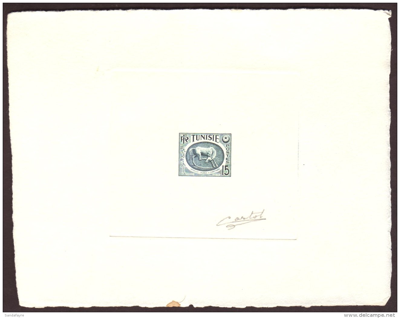 1950 SUNKEN DIE PROOF 15f "Intaglio Of A Horse At Carthage Museum" (as SG 341, Yvert 244) - Printed In Blue-green,... - Tunisie (1956-...)