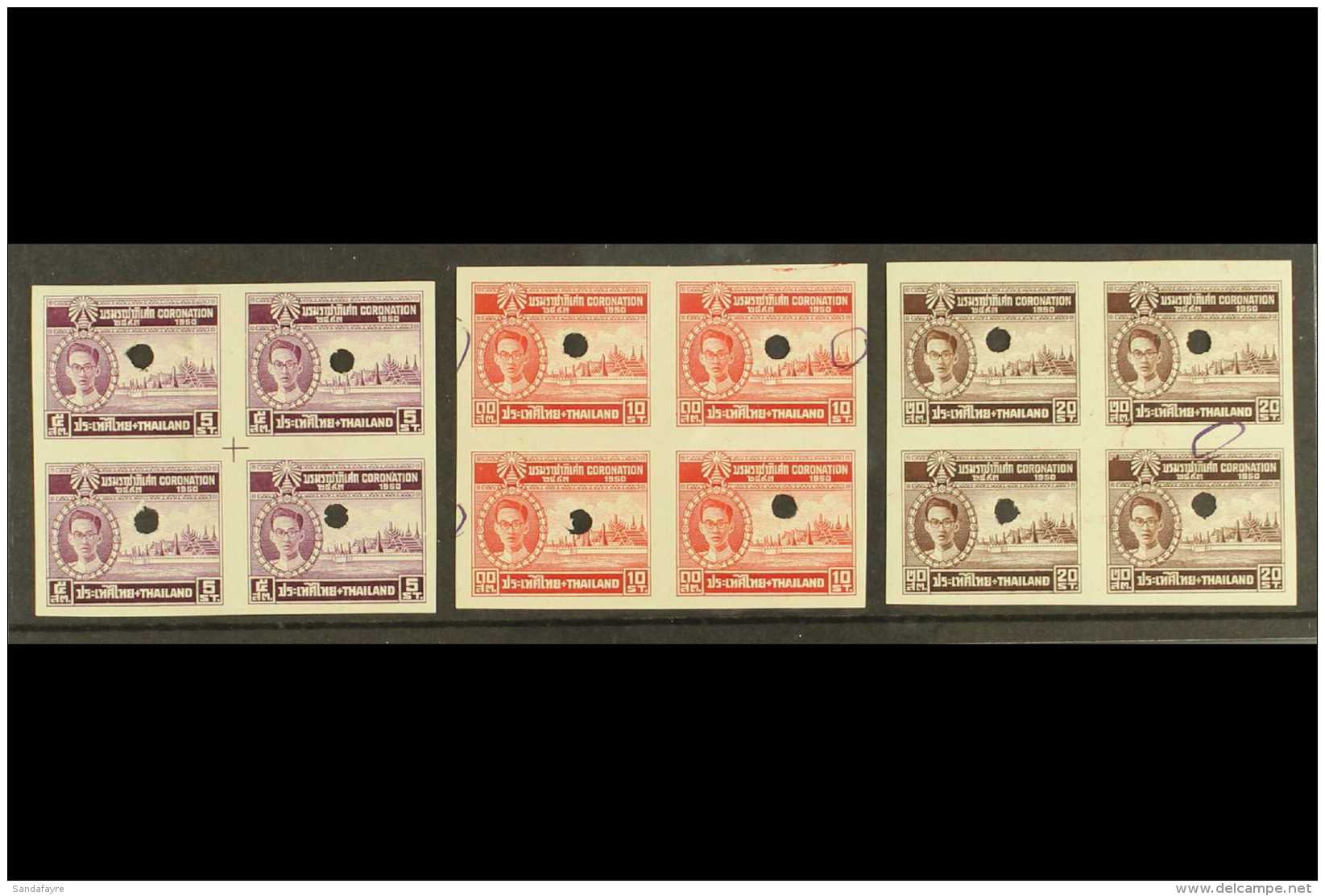 1950 5s Purple, 10s Scarlet &amp; 20s Brown Coronation IMPERF PROOF BLOCKS OF FOUR (as SG 328, 329 &amp; 331),... - Thaïlande