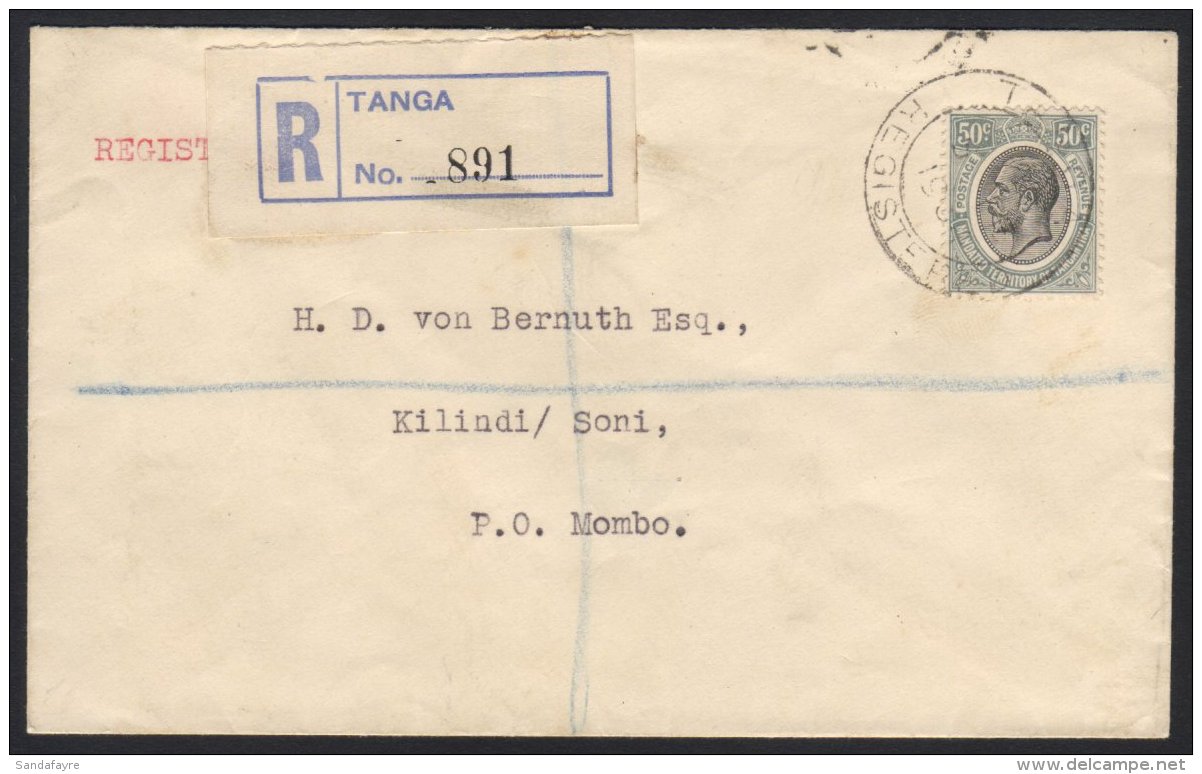 1934 Registered Envelope To Mombo Post Office Franked KGV 50c. Tied TANGA REGISTERED Date Stamp. Arrival Cds On... - Tanganyika (...-1932)