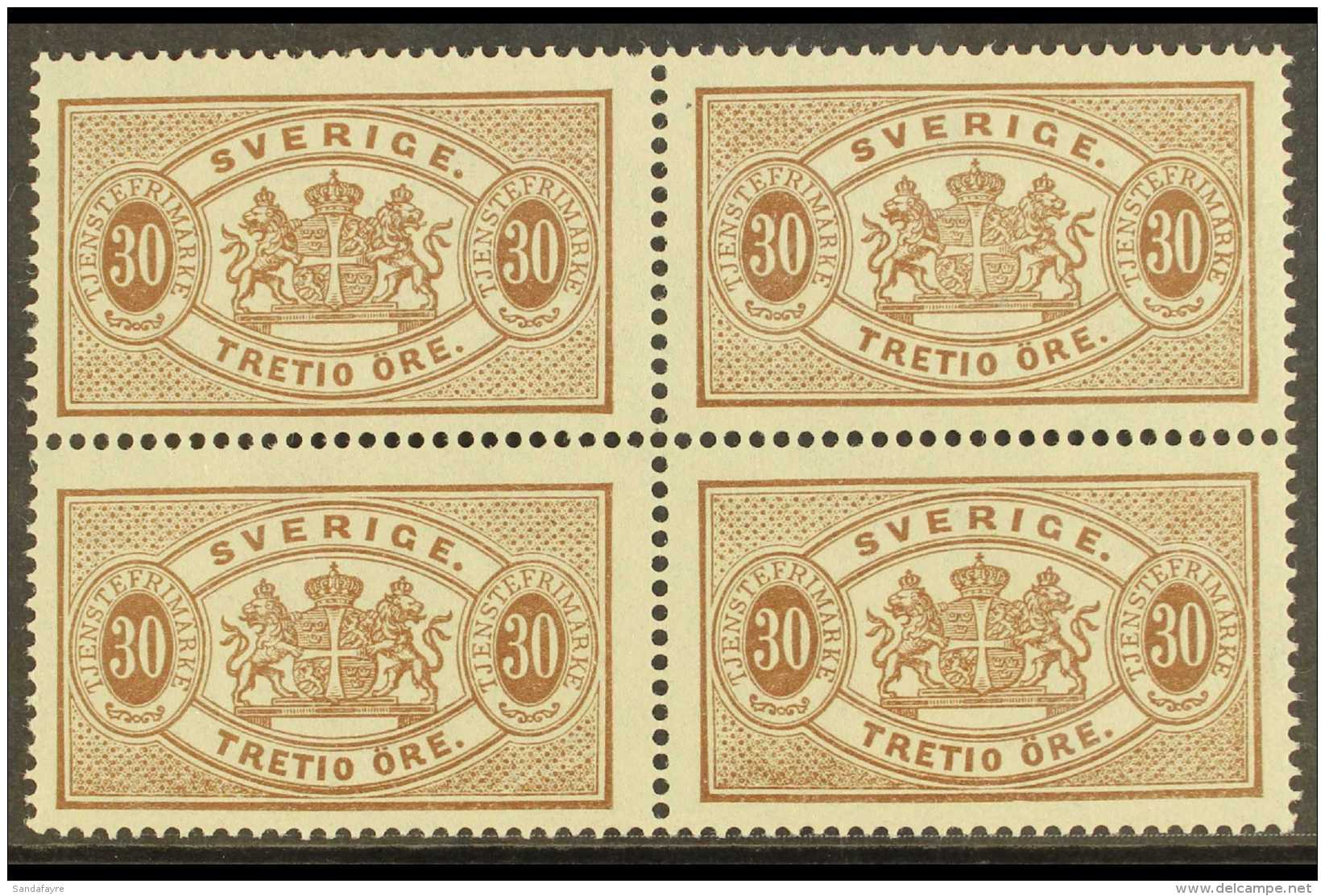 OFFICIALS 1881 30 Ore Brown, Perf 13, Facit TJ21, SG O38ca, Fine Mint BLOCK OF FOUR (3 Stamps Never Hinged).... - Autres & Non Classés