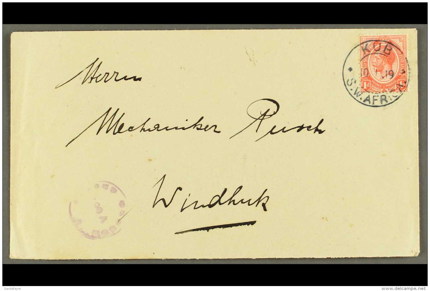 1919 (10 Jan) Env To Windhuk Bearing 1d Union Tied By Very Fine "KUB" Cds Postmark, Putzel Type B3 Oc, Violet... - Südwestafrika (1923-1990)
