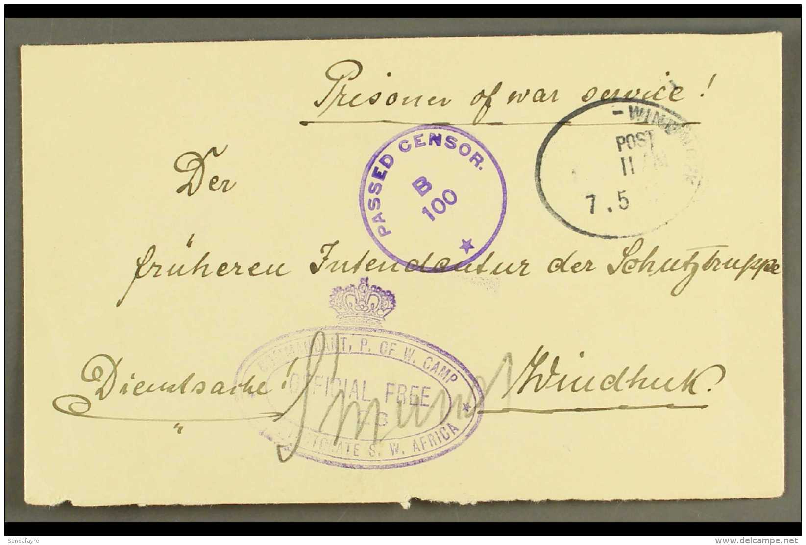 1917 Stampless Env Endorsed "Prisoner Of War Service!" From The Camp At Swakopmund To Windhuk, Postmarked... - Südwestafrika (1923-1990)