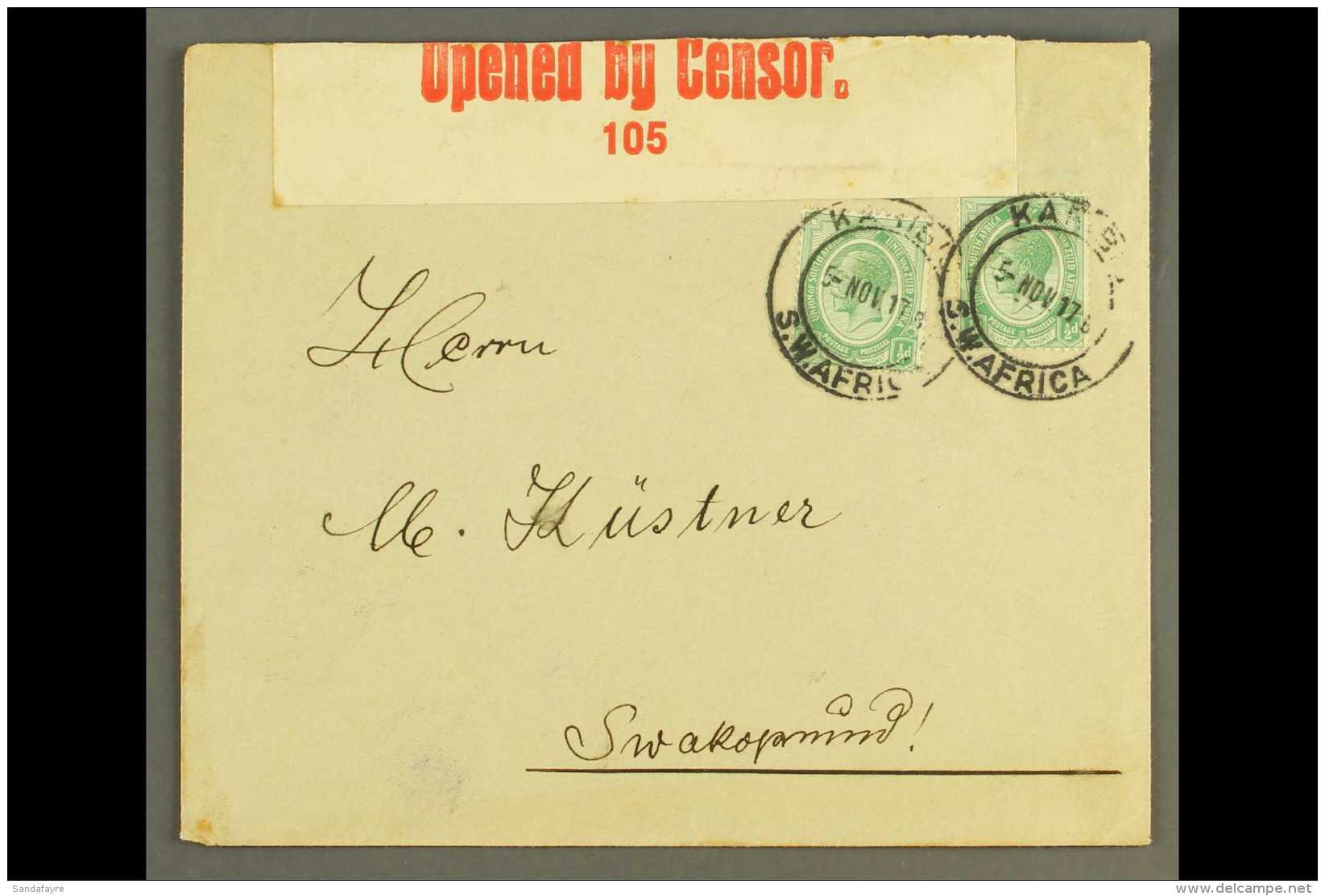 1917 (5 Nov) Env To Swakopmund Bearing Two &frac12;d Union Stamps, These Tied By "KARIBIB" Cds Cancels, Putzel... - Südwestafrika (1923-1990)