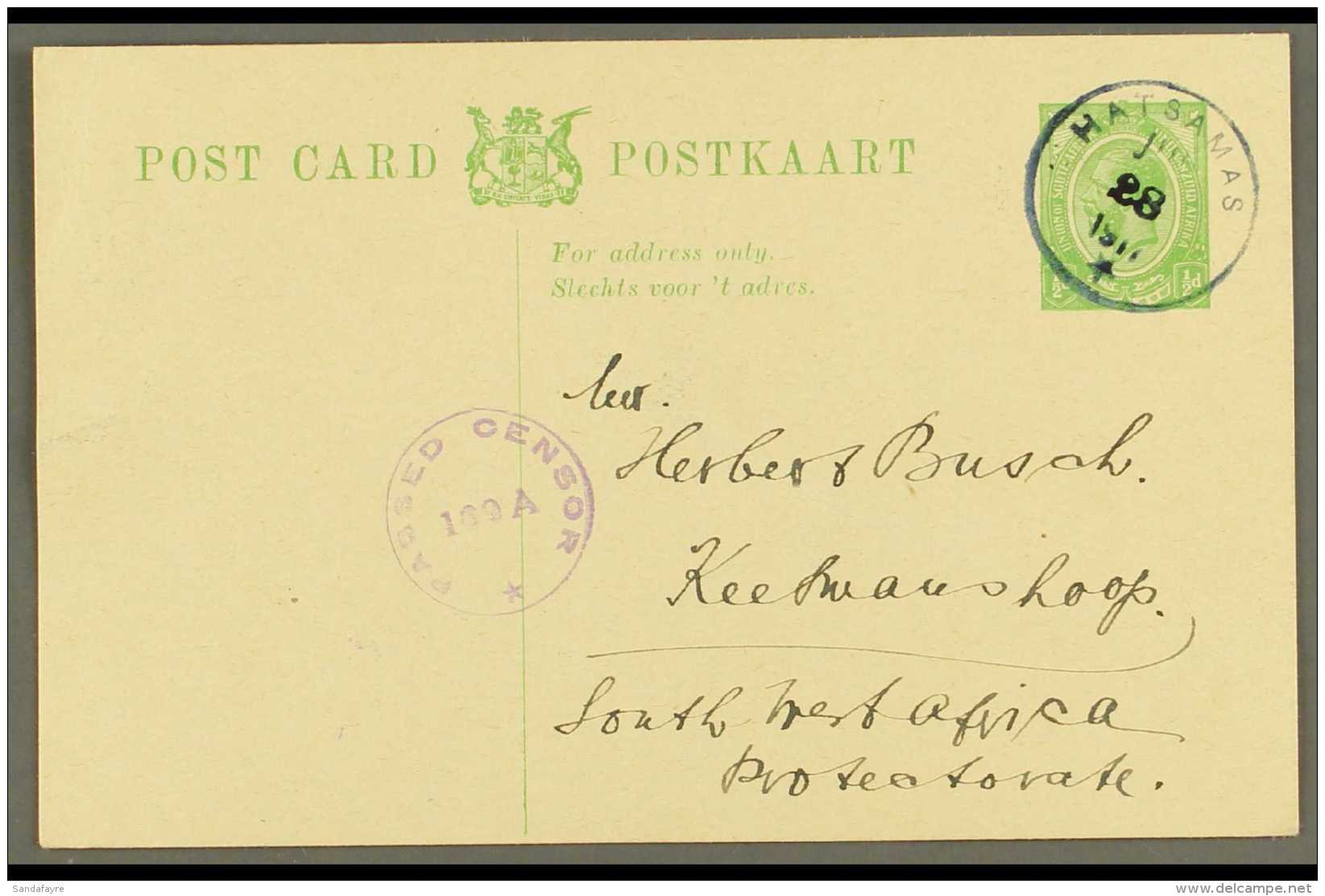 1917 (28 Jul) &frac12;d Union Postal Card To Keetmanshoop Cancelled By A Very Fine "HATSAMAS" Blue- Grey Rubber... - Südwestafrika (1923-1990)