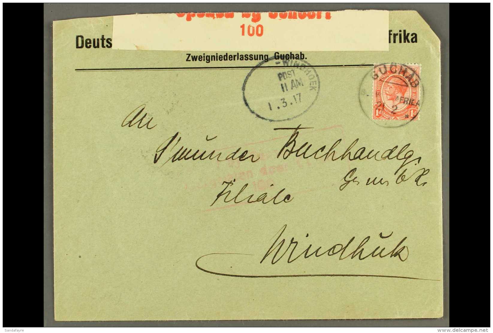 1917 (21 Feb) Censored Cover To Windhuk Bearing 1d Union Stamp Tied By "GUCHAB" Cds Cancel, Putzel Type B1b Oc... - Südwestafrika (1923-1990)