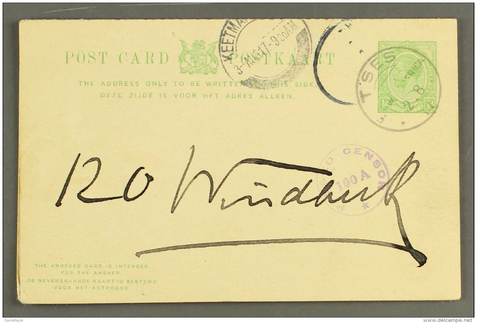 1917 (2 Aug) &frac12;d Union Postal Card With Reply Card Attached, To Windhuk With Both Parts Cancelled By Superb... - Südwestafrika (1923-1990)