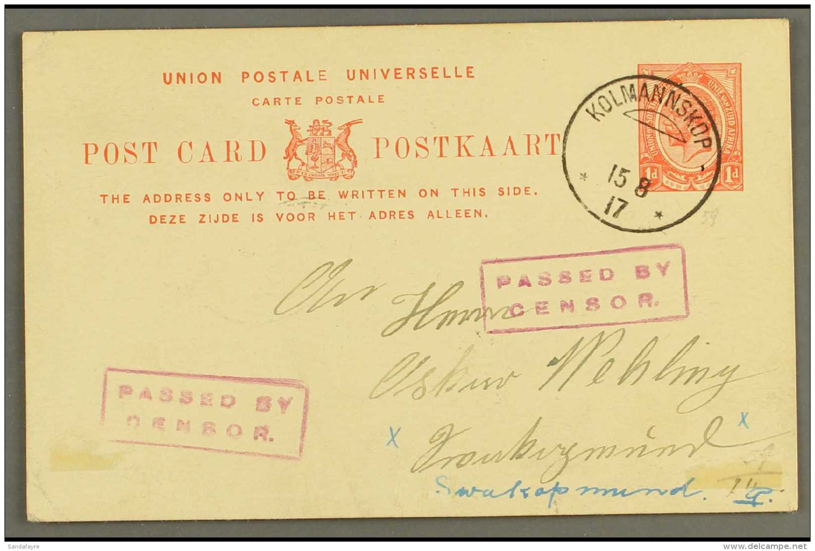 1917 (15 Aug) 1d Union Postal Card To Swakopmund Cancelled Very Fine "KOLMANNSKOP" Cds (Putzel Type B3) With Two... - Südwestafrika (1923-1990)