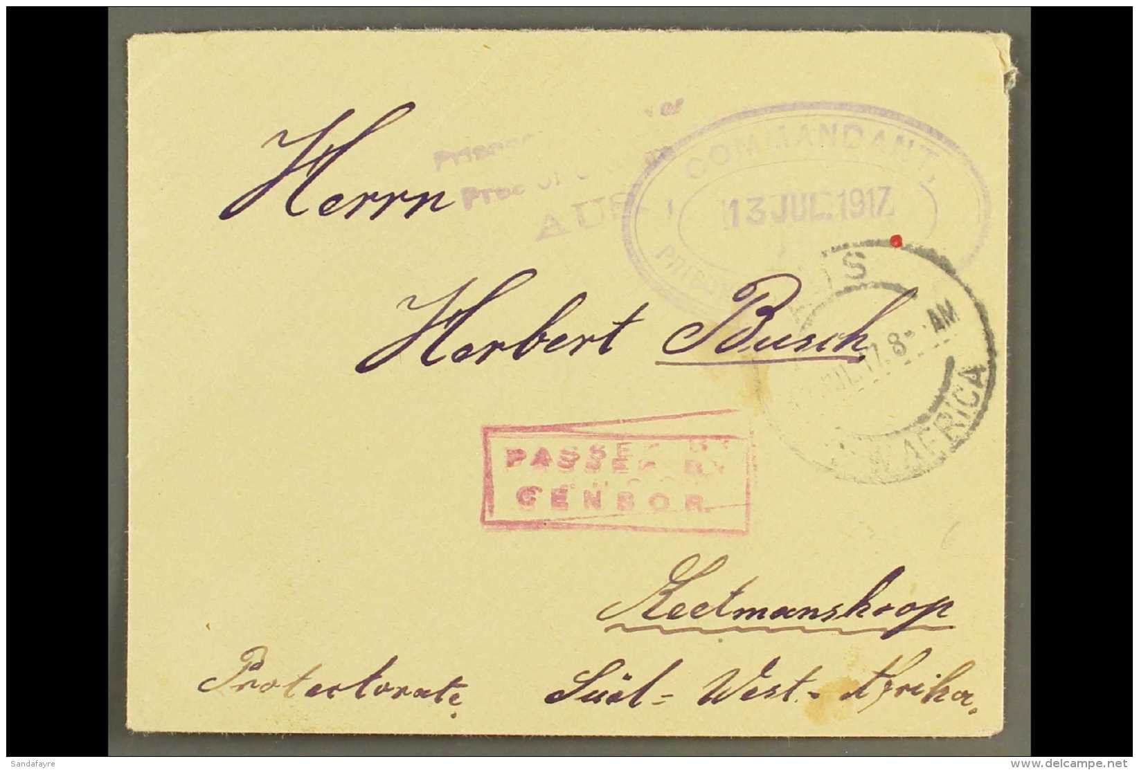 1917 (13 Jul) Stampless POW Cover To Keetmanshoop With "AUS / S.W. AFRICA" Cds Postmark, Putzel Type 3, Plus... - Südwestafrika (1923-1990)