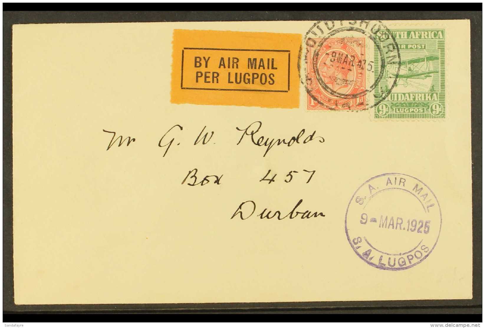 1925 (9 March) Cover To Durban, Bearing 1d KGV And 1925 9d Air Stamps Tied "Oudtshoorn" Cds, 'By Air Mail' Label... - Non Classés