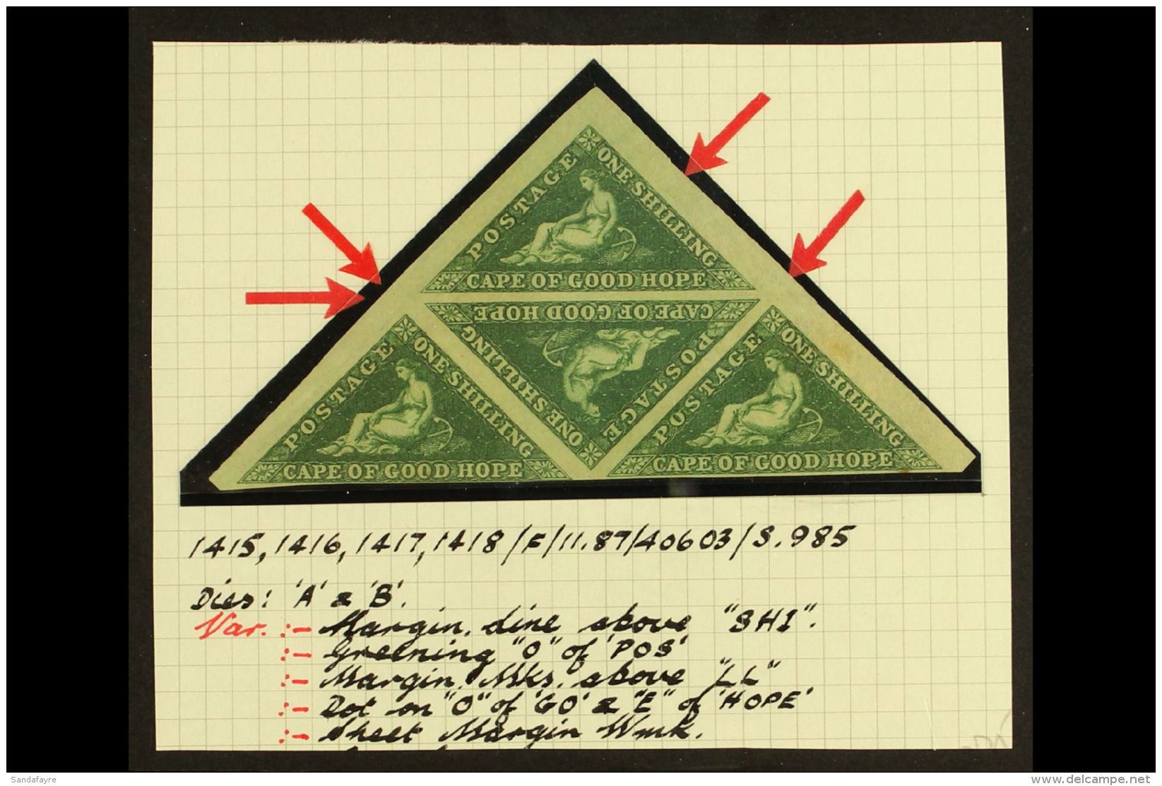 CAPE OF GOOD HOPE 1855 1s Deep Dark Green, SG 8b, Superb "triangular" Block Of 4 With Clear To Large Margins And... - Non Classés