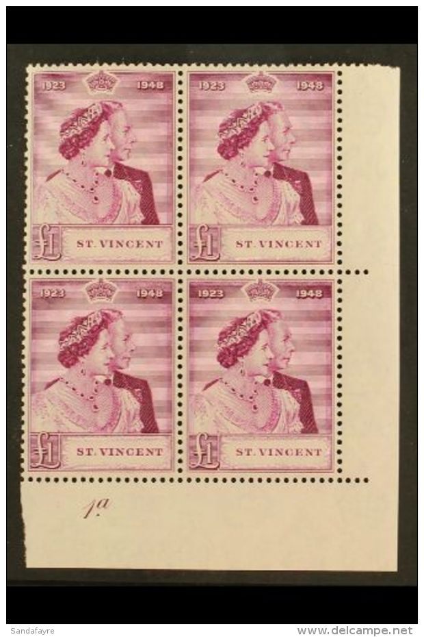 1948 1948 &pound;1 Bright Purple Royal Wedding, SG 163, Superb Never Hinged Mint Corner BLOCK Of 4 With "1a" Plate... - St.Vincent (...-1979)
