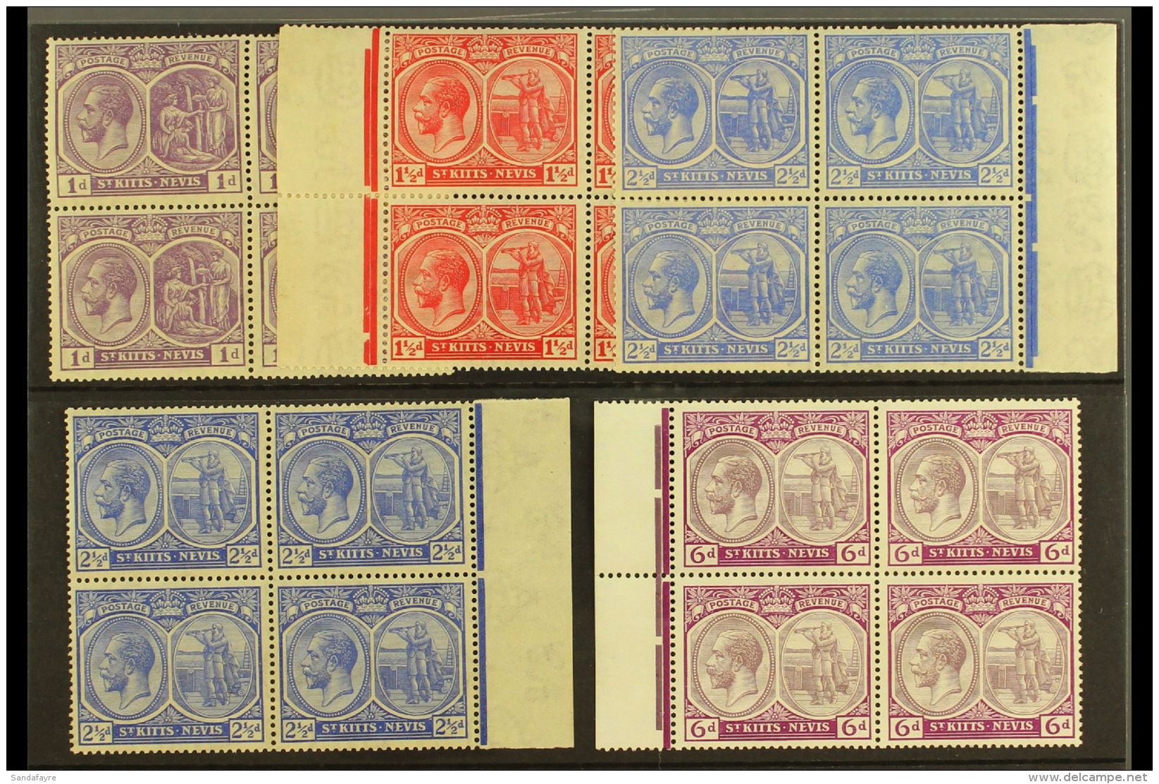 1921-29 1d Violet, 1&frac12;d Red, 2&frac12;d Bright Blue, 2&frac12;d Ultramarine &amp; 6d Dull &amp; Bright... - St.Kitts And Nevis ( 1983-...)