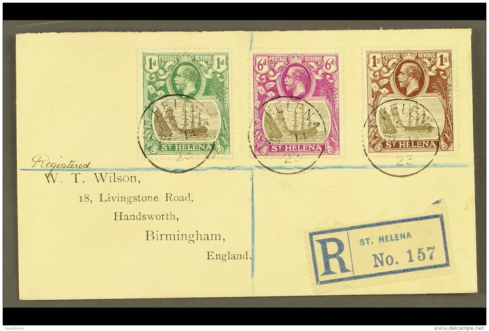 1923 REGISTERED COVER (May 14th) Registered Cover To Birmingham, England Bearing 1d (SG 98), 6d (SG 104) &amp; 1s... - Sainte-Hélène