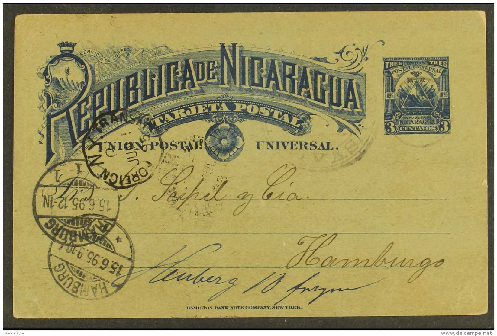 1895 (18 May) 3c Blue Postal Card From Rivas To Germany, Variously Cancelled Incl NY Foreign Transit Cds &amp;... - Nicaragua
