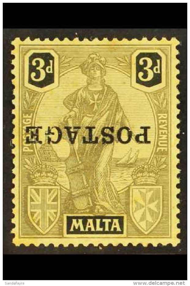 1926 3d Black On Yellow Ovptd "Postage", Variety "Ovpt Inverted", SG 149a, Fine Mint, Usual Toned Gum. For More... - Malta (...-1964)