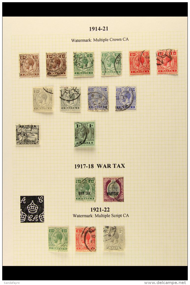 1914-35 FINE USED COLLECTION Displayed On Pages Incl. 1914-21 To 1s, 1921-22 &frac12;d, 1922 Self Govt MCA 1s,... - Malta (...-1964)