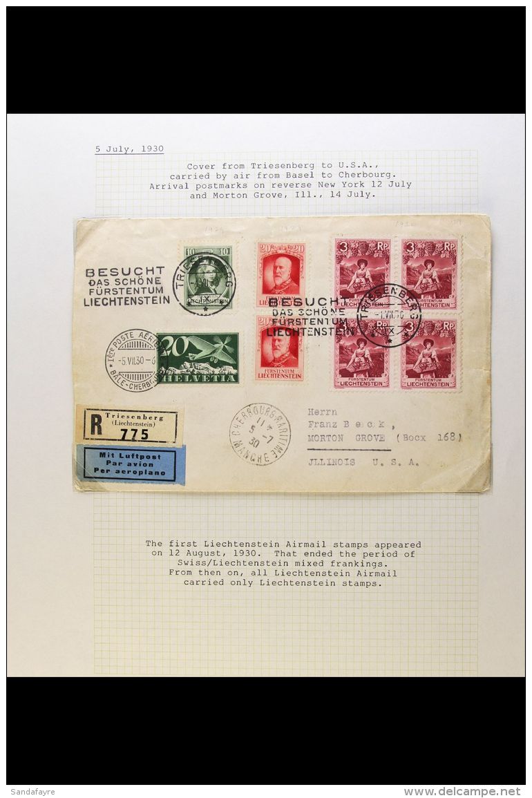 1930 FIRST FLIGHT COVER (5th July) Cover From Triesenberg To Illinois, USA Carried By Air From Basel To Cherbourg,... - Altri & Non Classificati