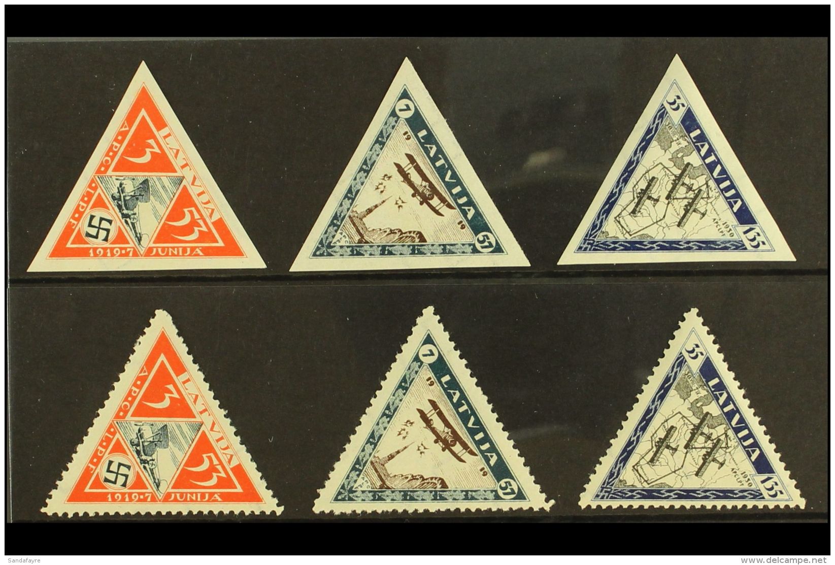 1933 Air Wounded Airmen Fund Complete Perf &amp; Imperf Sets (Michel 225/27 A+B, SG 240A/42A + 240B/40B), Very... - Lettonie