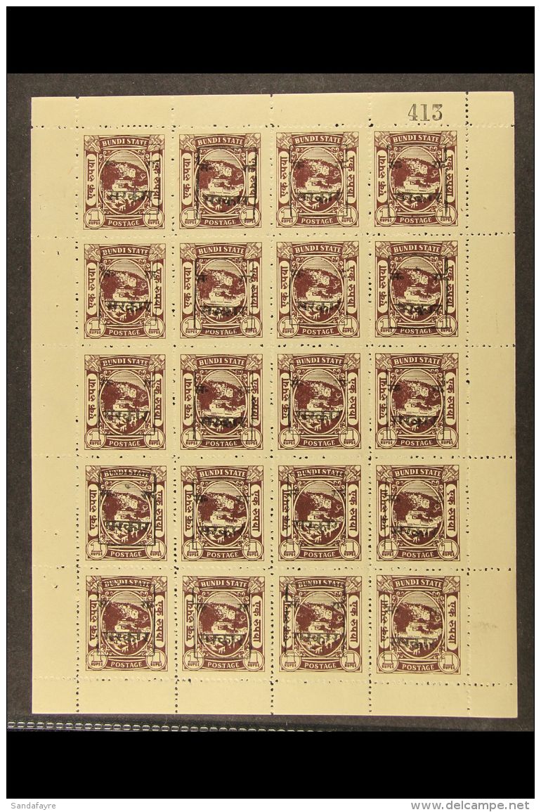RAJASTHAN 1949 1r Chocolate, Machine Ovptd In Black, SG 14, Complete Mint Sheet Of 20, With Pl # 413 At Top Right.... - Autres & Non Classés