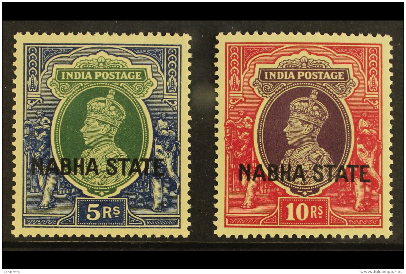 NABHA 1938 5r Green &amp; Blue &amp; 10r Purple &amp; Claret, SG 91/92, Never Hinged Lightly Toned Mint (2 Stamps)... - Sonstige & Ohne Zuordnung