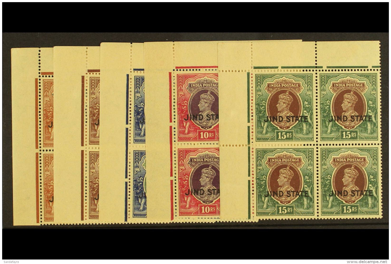 JIND 1937-38 NEVER HINGED MINT KGVI High Values Set Of Corner BLOCKS OF 4 From 1r To 15r (SG 121/125) . An... - Sonstige & Ohne Zuordnung