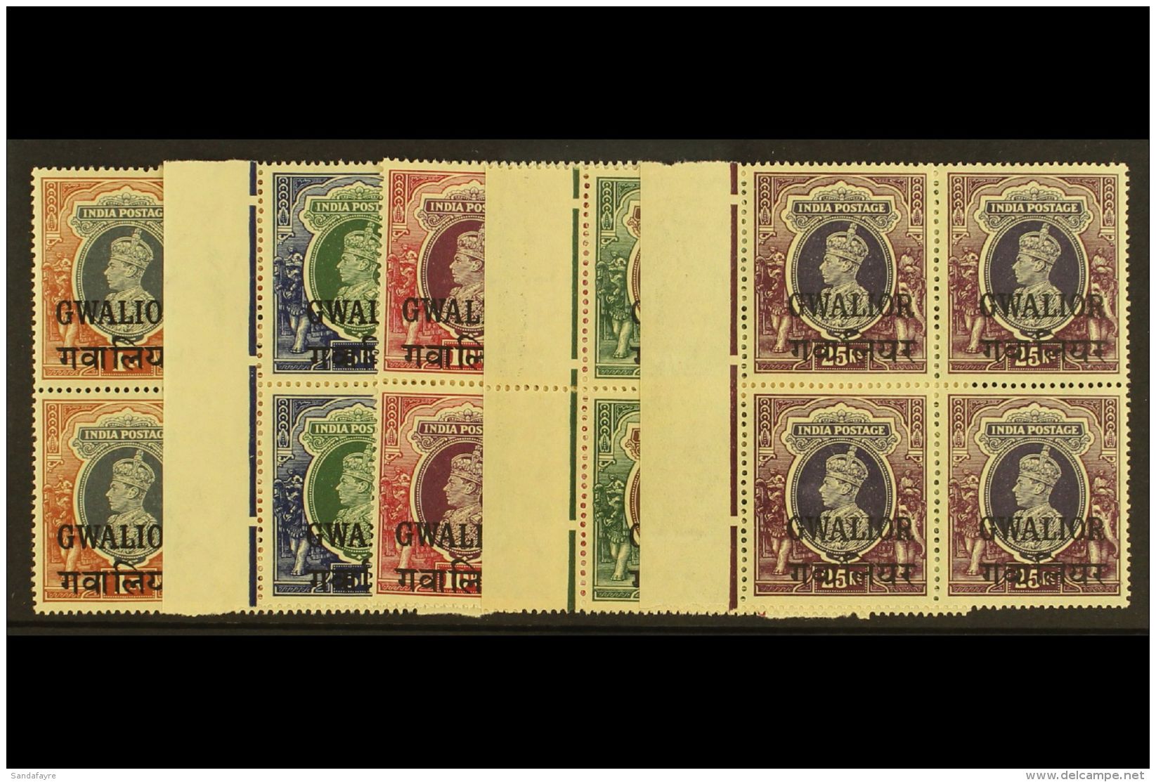 GWALIOR 1938-48 NEVER HINGED MINT KGVI High Value Marginal BLOCKS OF 4 Range To 25r Including 1r (SG 112) &amp; 5r... - Andere & Zonder Classificatie