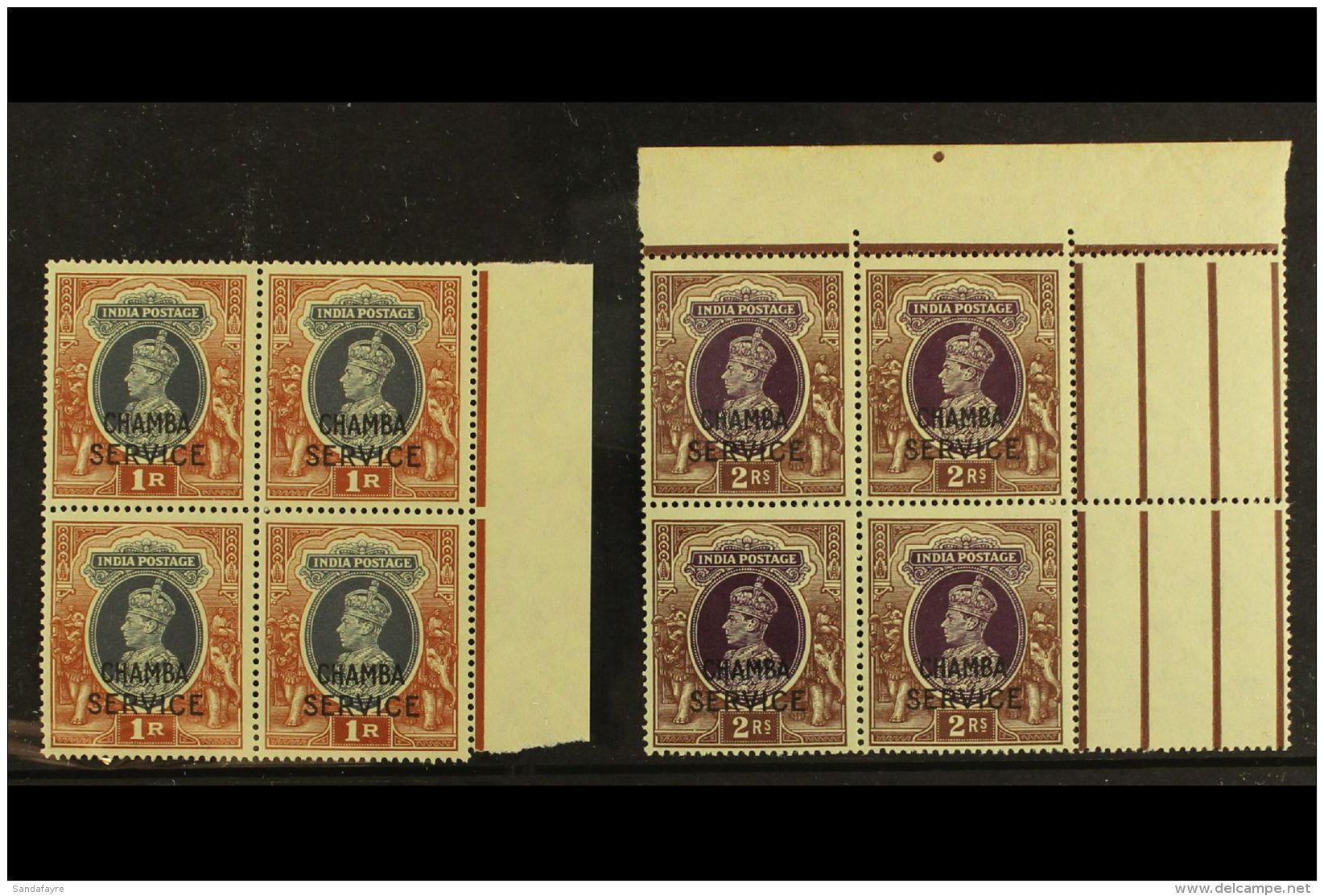 CHAMBA OFFICIALS. 1940-43 1r &amp; 2r Marginal Blocks Of 4, SG O83/84, Never Hinged Mint (2 Blocks Of 4) For More... - Sonstige & Ohne Zuordnung