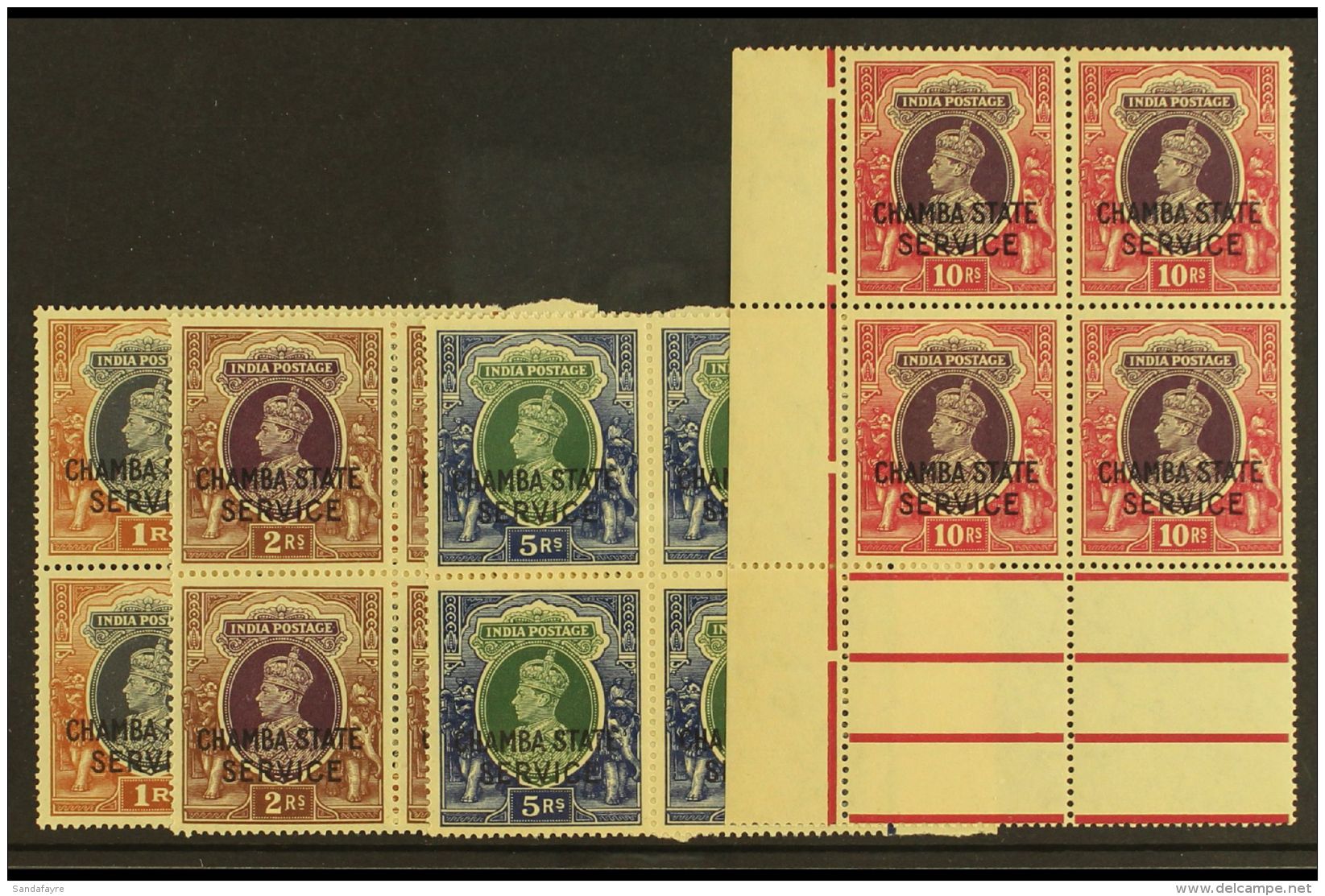 CHAMBA OFFICIALS. 1938-40 KGVI High Values Set As Marginal BLOCKS Of 4, SG O68/71, Never Hinged Mint (4 Blocks Of... - Sonstige & Ohne Zuordnung