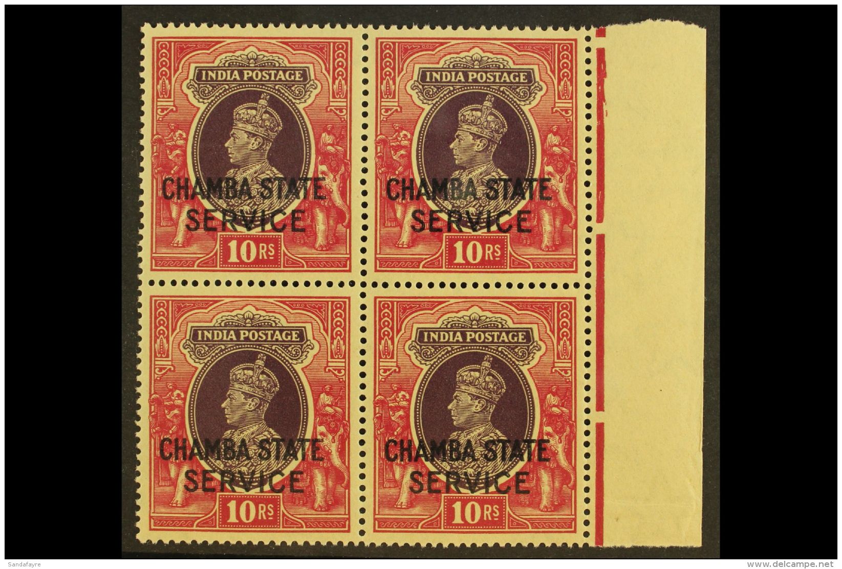 CHAMBA OFFICIALS. 1938-40 10r Purple &amp; Claret, SG O71, Never Hinged Mint Marginal Block Of 4, Very Lightly... - Sonstige & Ohne Zuordnung