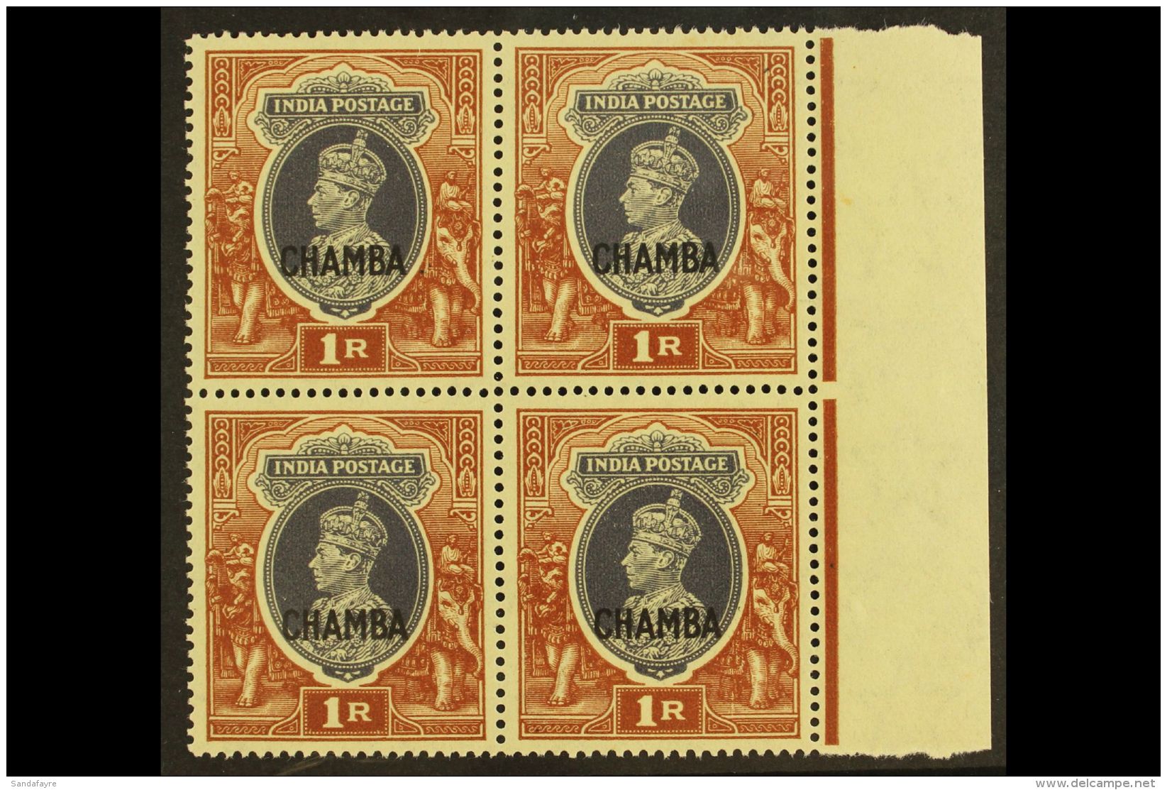 CHAMBA 1942-47 1r Grey &amp; Red-brown, SG 102, Marginal BLOCK OF 4, Never Hinged Mint For More Images, Please... - Sonstige & Ohne Zuordnung