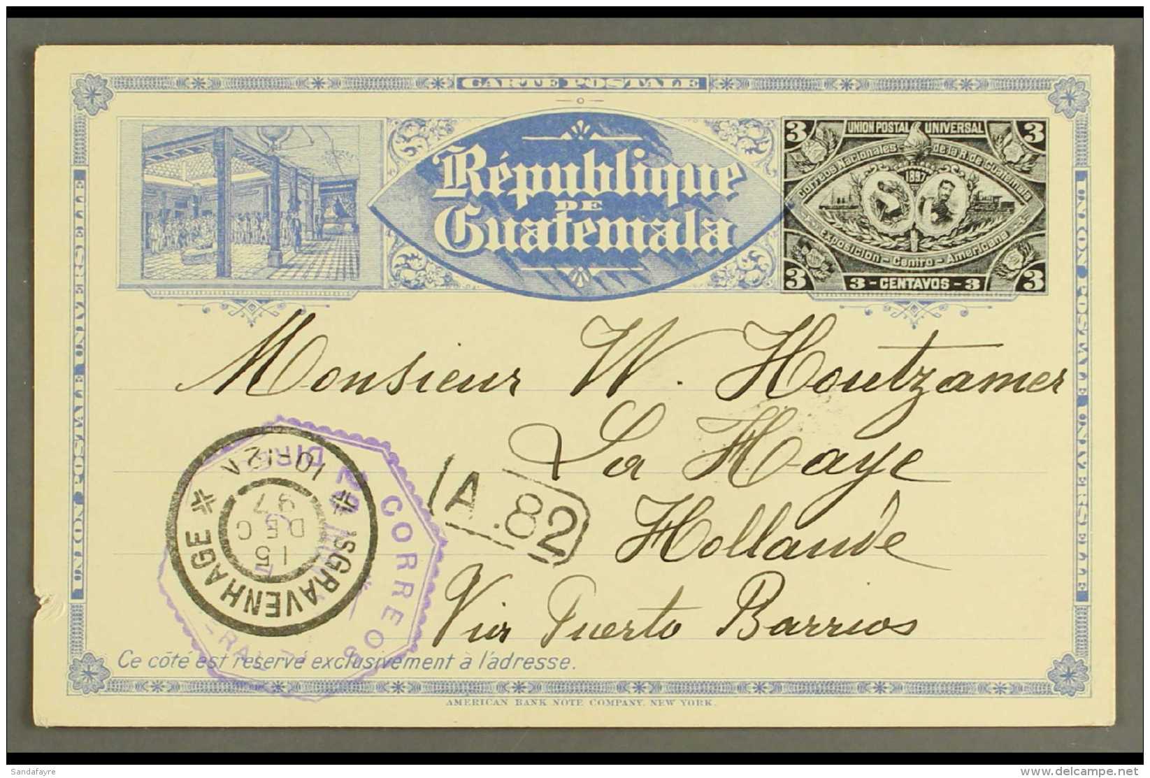 1897 (20 Nov) 3c Black And Blue "Expo" Type Postal Stationery Card Postally Used From Guatemala (City) To Holland,... - Guatemala